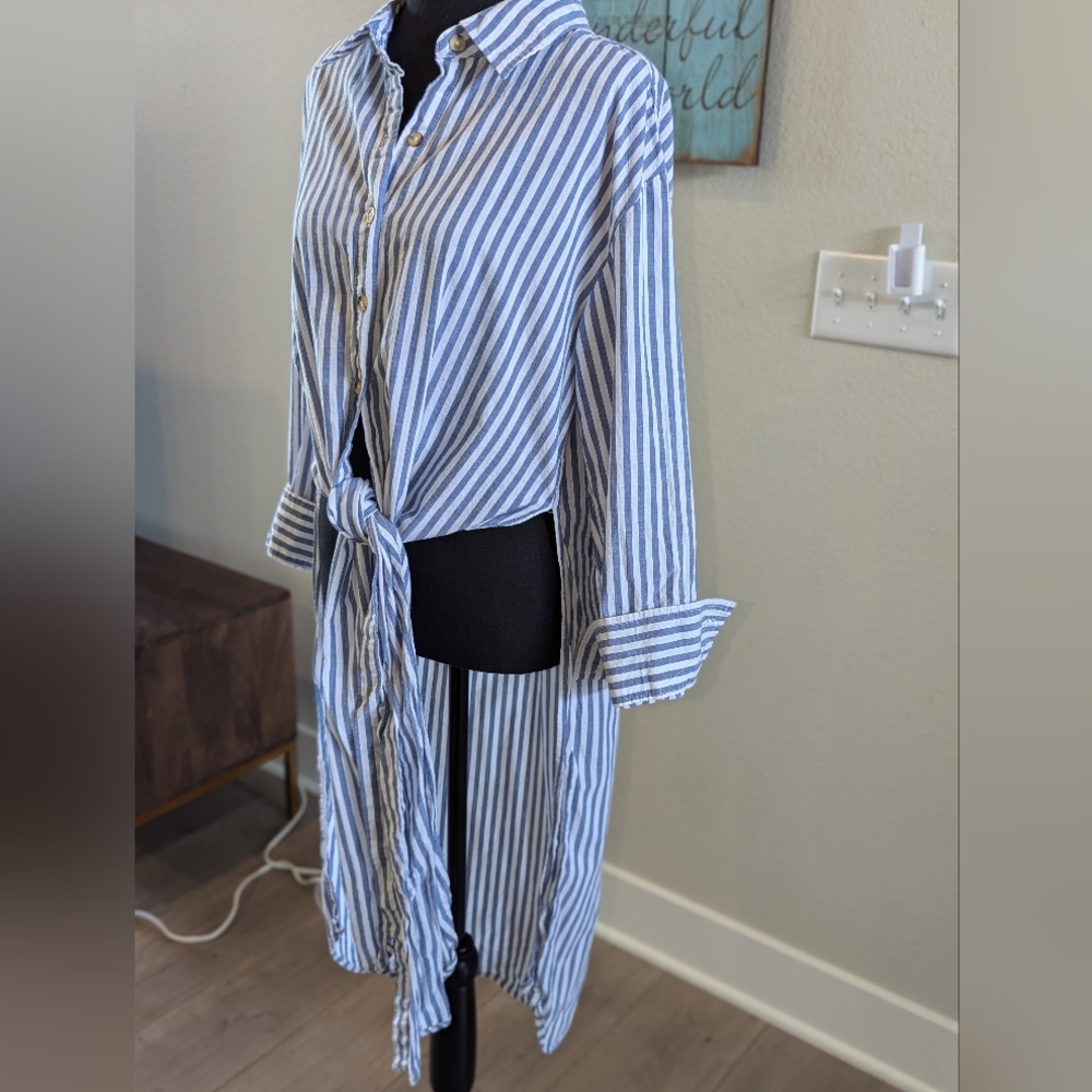 Vintage Havana Striped Button Down Shirt with Tie Front High Low - Picture 3 of 5